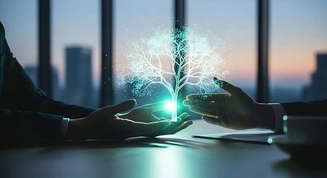 Legacy and future concept. A professional's hands observe a holographic company 'family tree', with roots in the past and branches extending into the future.