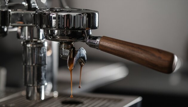 Close-up of a modern espresso machine. Rich, dark coffee drips from portafilter, highlighting sleek stainless steel and wooden handle, crafting aromatic beverage