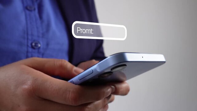 A businesswoman interacting with her cell phone and an animation of a field to write a promt for artificial intelligence