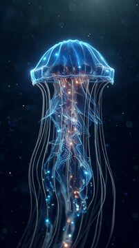 Blue Glowing Cyber Jellyfish Swimming In Dark Deep Digital Sea Ocean