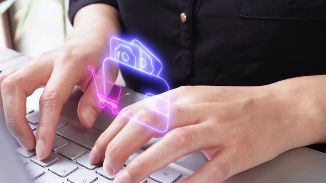 Checkout. Close-up of a businesswoman's hands typing on her laptop with a virtual wallet icon and shopping cart.