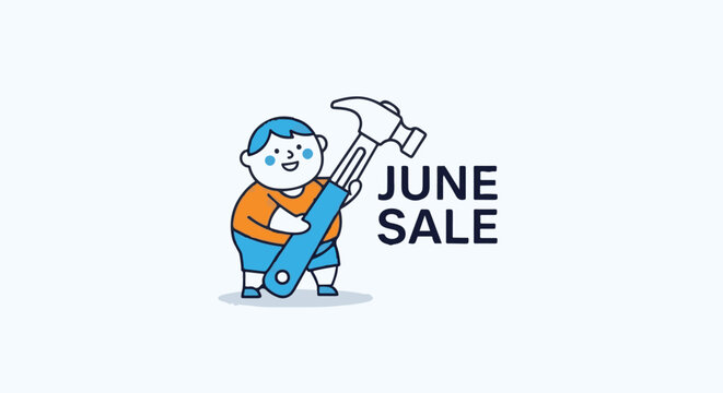 June calendar month banner with boy and hammer