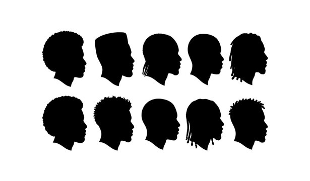 African American Male Side Profile Silhouette Set with Modern Hairstyles Vector Illustration Collection