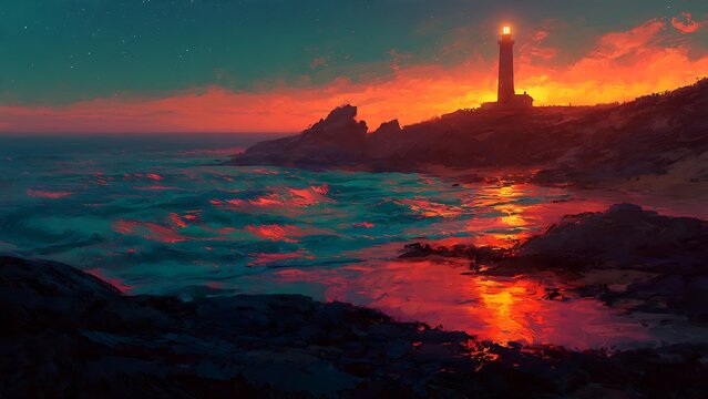 Lighthouse on rocky coastline at sunset.