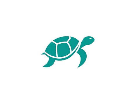 A simplified, teal sea turtle silhouette against a stark white background. It's streamlined, and the turtle appears to be gliding forward. Its shell is segmented
