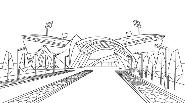 Architectural sketch of a modern stadium entrance with archway.