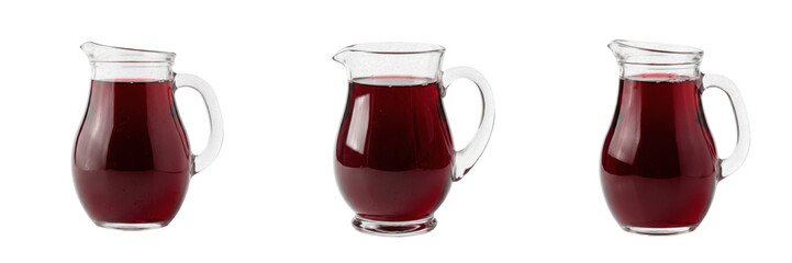 Set and collection of glass jug of fresh red cranberry berry juice isolated on white background © amazing