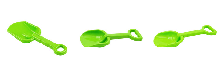 Set and collection of green plastic garden scoop trowel shovel isolated on white background © amazing