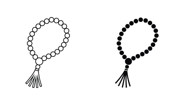 Prayer beads or rosary with tassel shown in outline and filled styles representing spiritual practice meditation or religious devotion