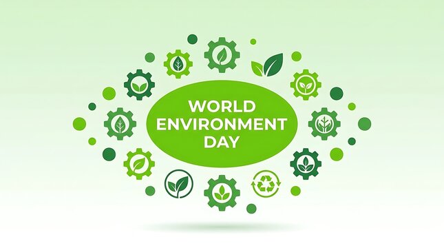 World environment day green eco concept illustration with gear and leaf icons arranged in an oval shape for sustainable development design.