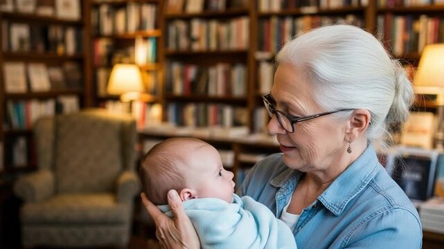 Senior Caucasian Grandmother Holding Newborn Baby Boy in Cozy Library Bookstore Setting Representing Intergenerational Love Family Bonding and Early Childhood Education
