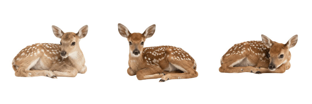Set and collection of small cute baby deer fawn lying down isolated on white background