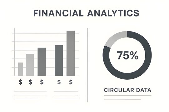Financial Analytics Infographic Elements Featuring Monochrome Bar Chart, 75 Percent Circular Data Ring, and Dollar Currency Symbols Minimalist Vector Template for Accounting and Economic Reports
