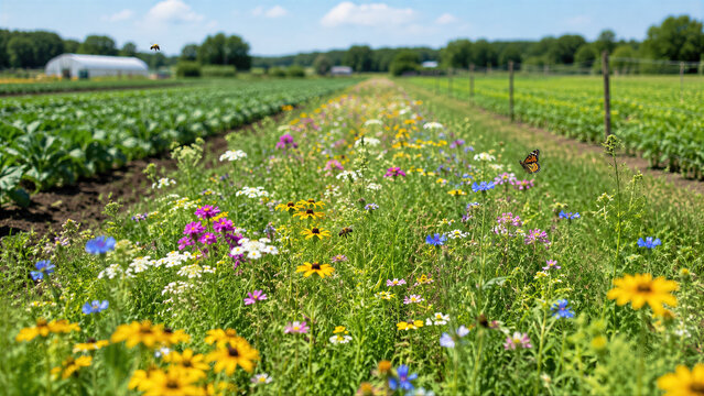 Wide pollinator strip with bright wildflowers and bees running through a commercial sustainable organic farm