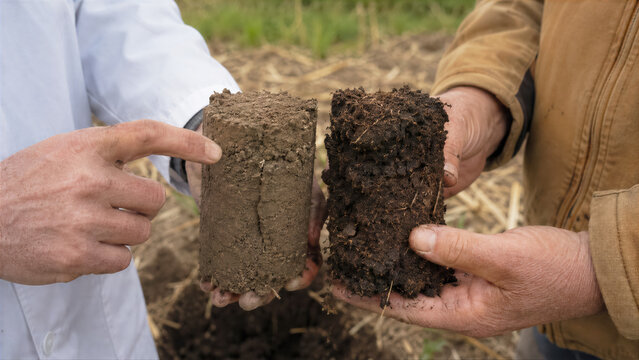 Scientist and farmer comparing soil core samples with visible humus layers from regenerative and conventional fields