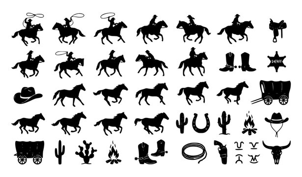 Wild West and American Frontier Silhouette Icon Set Featuring Cowboy Horse Riders, Galloping Horses, Covered Wagons, Sheriff Stars, Western Boots, Campfires, and Desert Cacti for Texas Culture Graphic