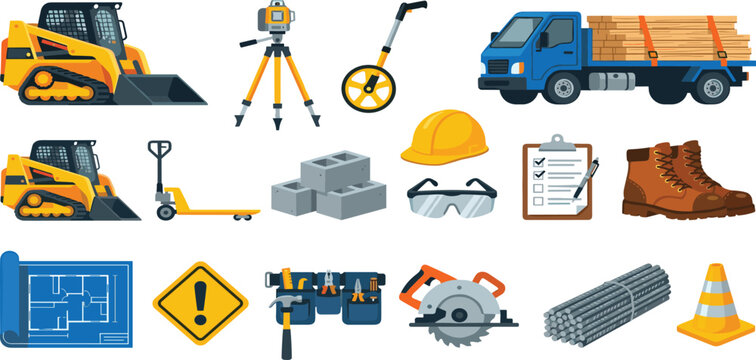 Industrial Construction Site Equipment Set with Skid Steer Loader Lumber Truck Surveying Tools Safety Gear and Hand Instruments Vector Illustration