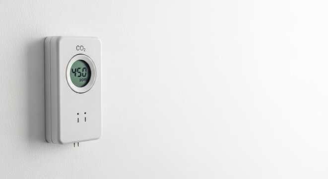 CO2 monitor device on white wall showing 450 ppm for environmental safety and business compliance with regulations in clean indoor space