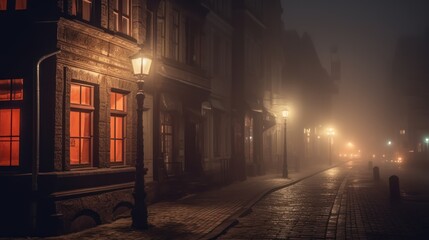 Obraz premium A mysterious journey through time on a fog-shrouded cobblestone street.