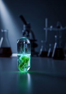 Biotechnology medicine biohacking laboratory capsule green glowing science experiment research futuristic technology innovation biology chemical