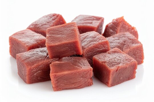 Fresh raw beef cubes isolated on white background