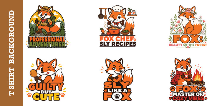 Cute cartoon fox sticker pack with different hobbies and funny sayings for apparel decor.