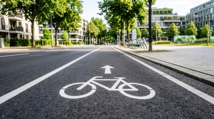 Obraz premium Empty Bicycle Lane with White Bike Symbol and Arrow on Asphalt Road.