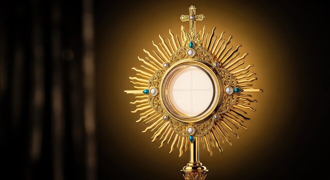 Golden monstrance holding a white consecrated host in a clear glass luna, illuminated by a warm glow against a dark, elegant background, golden, worship, antique