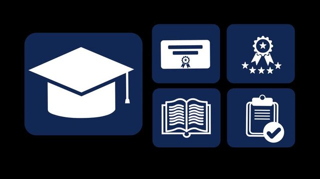 Animation of an academic interface. With graduation cap icons representing achievement and culmination. The certificate shows formal recognition of learning. The award badge suggests excellence.