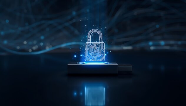 Gembok digital dengan sirkuit elektronik menyala di atas USB drive, melambangkan keamanan data dan teknologi