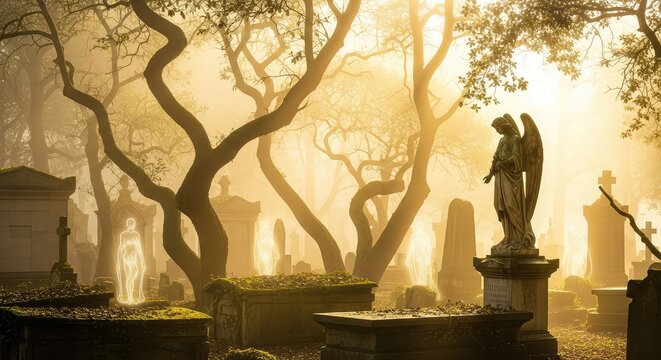 Golden sunlight filters through dense fog in an ancient cemetery where gnarled trees and translucent spirits linger among weathered stone, historic, mystery, ancient