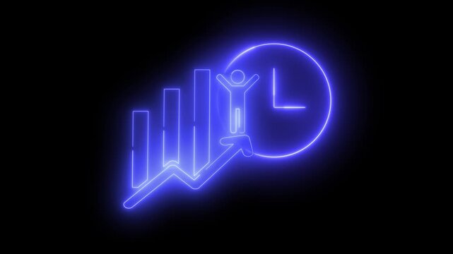 Neon light effect animation of a graph and clock icon. A figure jumps over the upward-moving bars of the graph. Ideal for representing business growth or success.