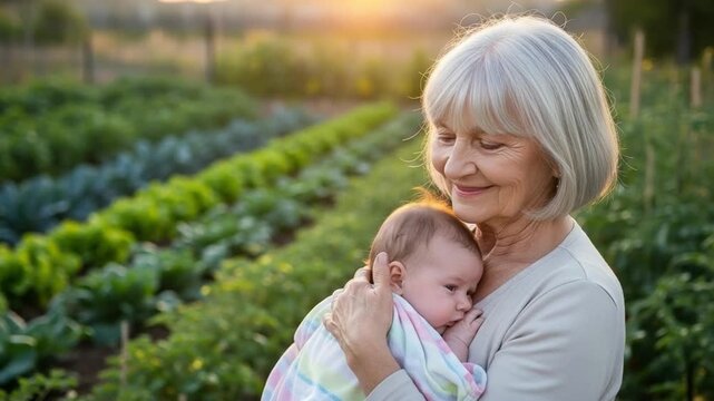 Senior Caucasian Grandmother Holding Newborn Baby in Vegetable Garden at Sunset, Concept of Intergenerational Bonding, Family Legacy, and Sustainable Organic Farming