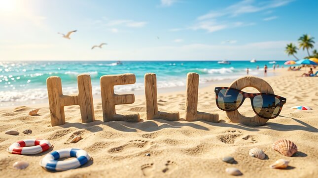 Selamat Datang di Pantai Musim Panas yang Cerah, Huruf Kayu "HELLO" dan Kacamata Hitam di Pasir Pantai