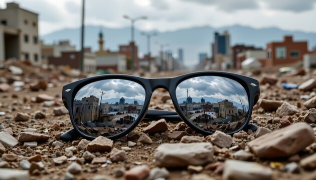 Abandoned Sunglasses Reflecting Ruined City Skyline