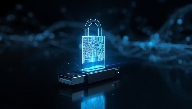 Flashdisk dengan Simbol Gembok Holografik Sirkuit Digital untuk Keamanan Data