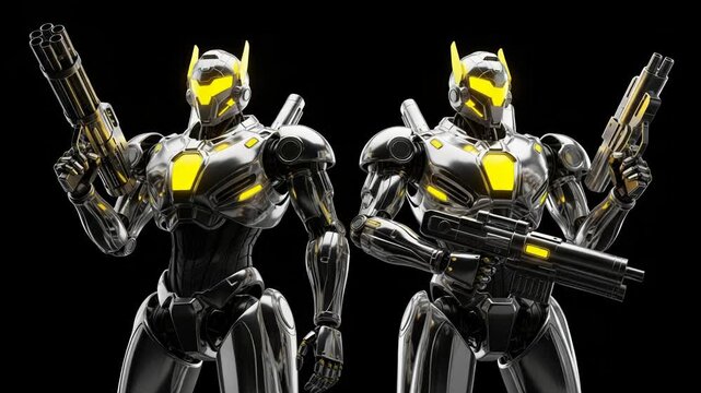 Two advanced silver combat robots with yellow glowing visors
