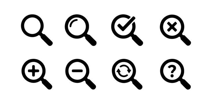 Search icon set. Containing magnifying glass, find, research, SEO and investigate icons. search icon collection. Vector illustration.