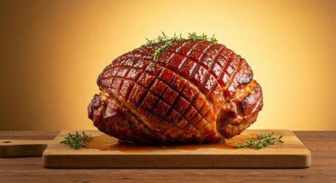 Delicious Glazed Ham on Wooden Board with Herb Garnish.