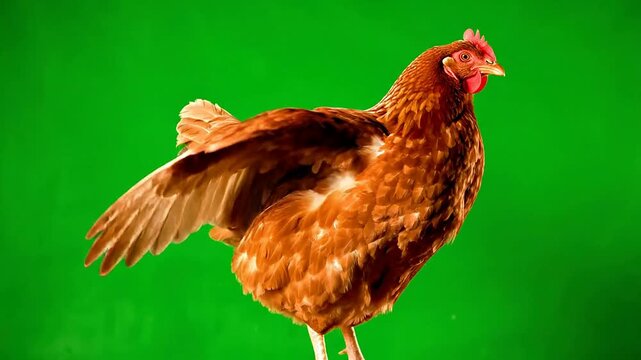 Dynamic Brown Chicken Flapping Wings Against Green Screen Background For Creative Media Use