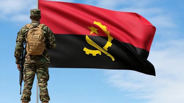 Angolan soldier standing in front of national flag, military personnel in camouflage uniform saluting, patriotic concept for defense, national pride, and armed forces security