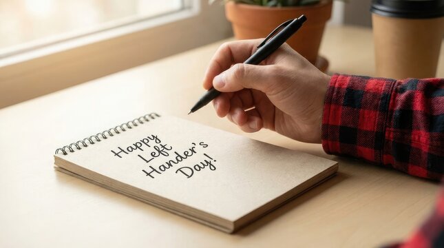 Hand writing happy left handers day in a spiral notebook on a desk