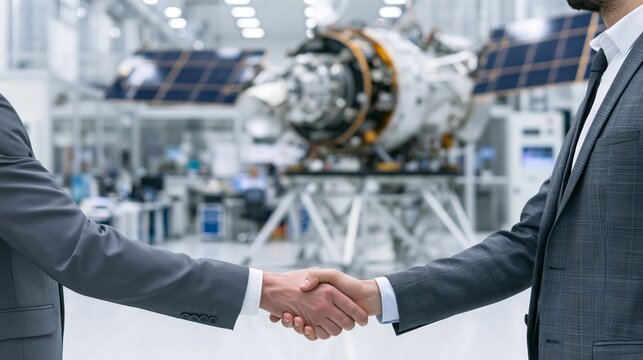 A satellite industry deal handshake, with a satellite on a rotation stand being assembled in a white clean room behind.