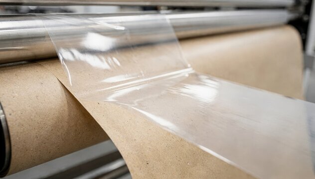 Medium shot of extrusion coating showing clear biobased film smoothly laminated onto paper highlighting transparency and environmental sustainability in packaging.