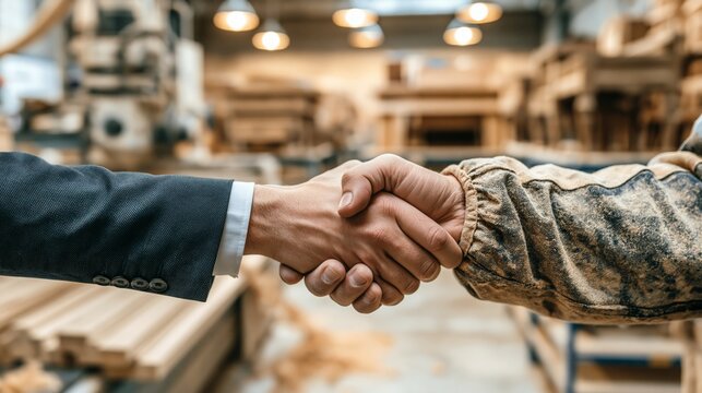A furniture manufacturing deal handshake, with a CNC routing machine carving wood panels and finished pieces on racks behind.