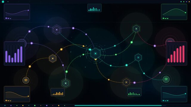 Digital animation of a central network hub distributing data streams to various dashboard charts and metrics on a dark background.