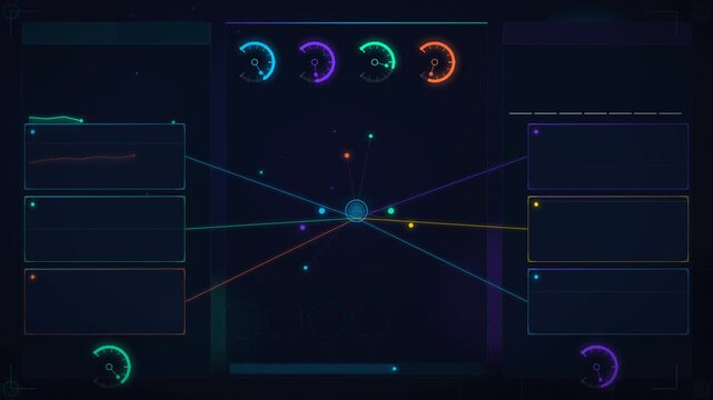 Digital animation of a sci-fi tech dashboard interface loading charts, speedometers, metrics, and a network hub.