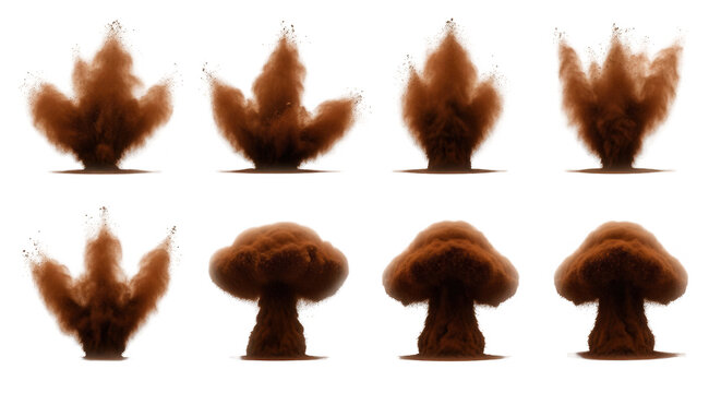 a series of dust explosions on white background simulating natural disasters for educational and visual effects use