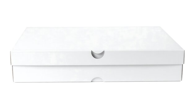 A simple, isolated, rectangular white box with a lid. It appears to be a two-piece container. The top section contains two small handle-like cutouts