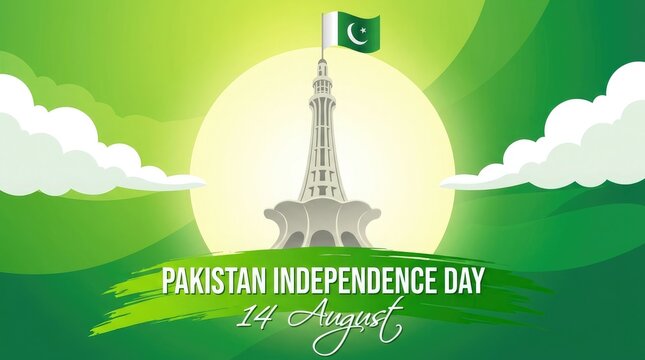 Pakistan independence day celebration with minarepakistan monument and flag